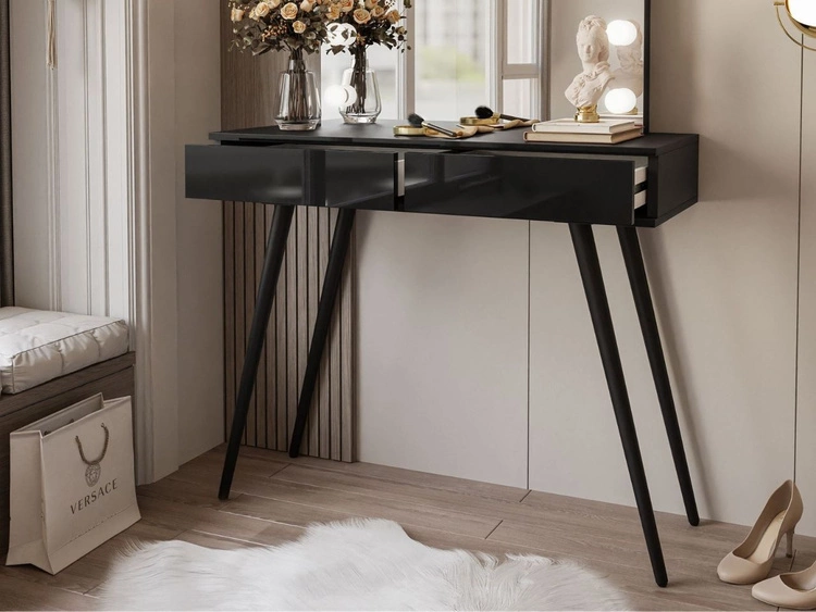 Toaletka kosmetyczna w stylu glamour z szufladami, czarnymi nogami i oświetleniem LED Olivine Elite czarny połysk