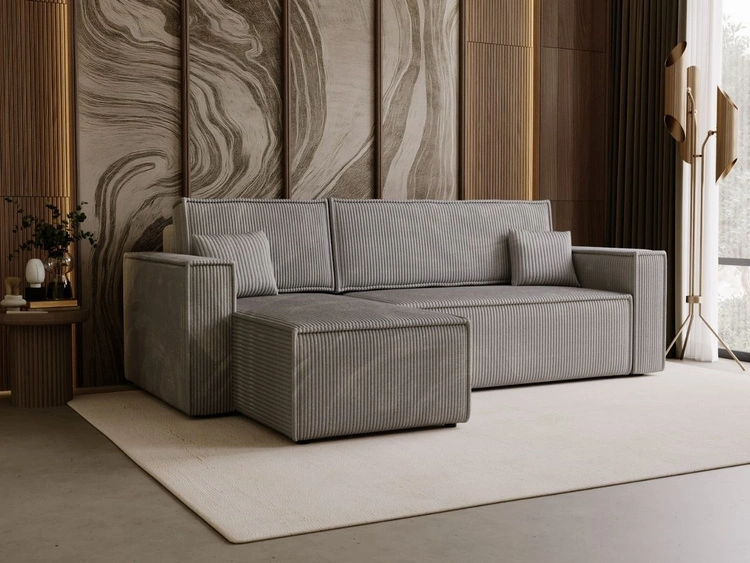 Nowoczesny rozkładany narożnik z funkcją spania i pojemnikiem Prato L uniwersalny Szary