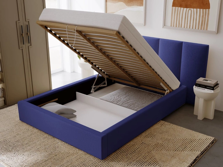 Łóżko tapicerowane z pojemnikiem i stelażem 140x200 cm Lizbona Niebieskie
