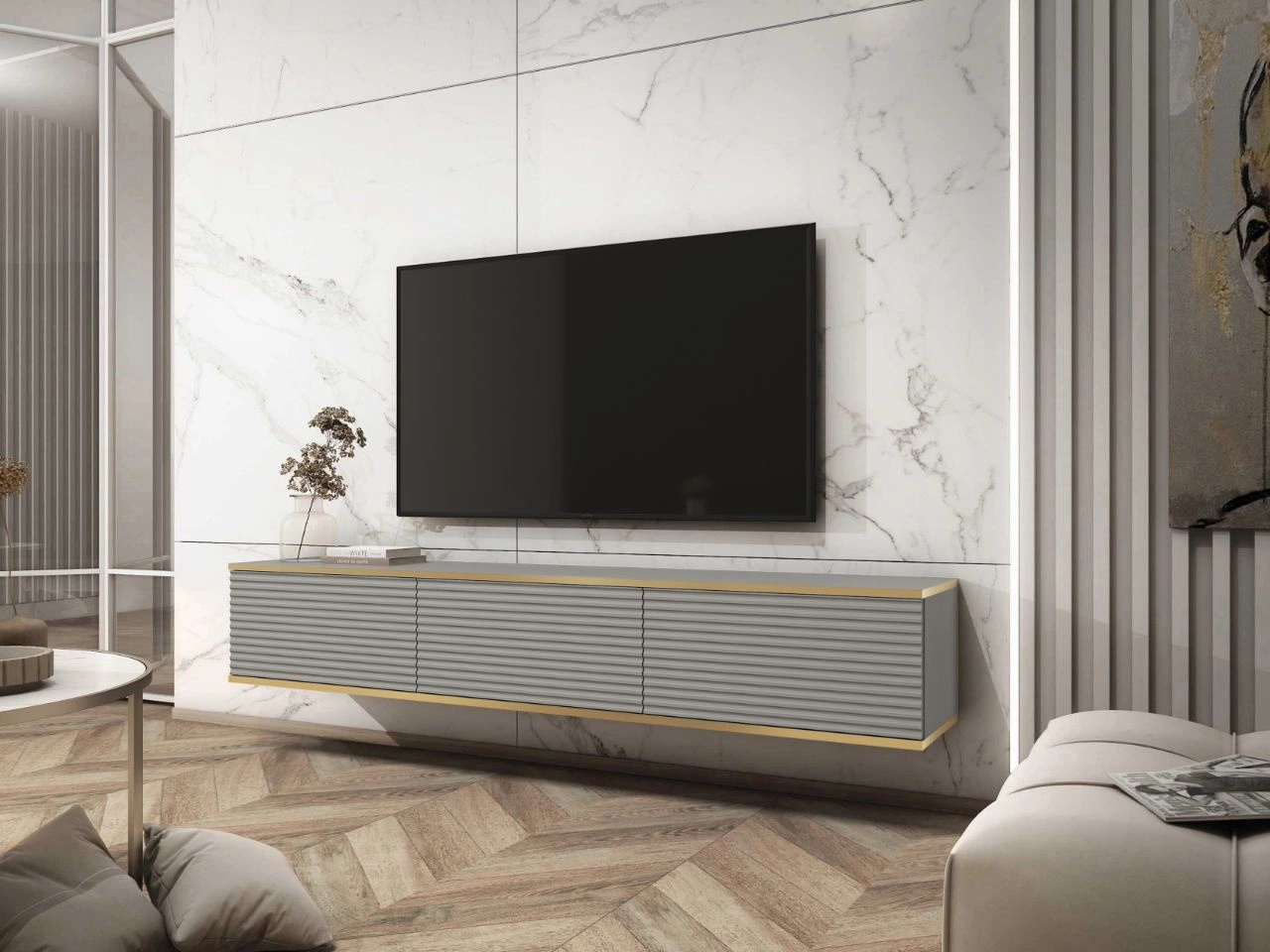 Szafka wisząca pod telewizor drzwiczkami z ryflowanym frontem 175 cm Diolo Szara