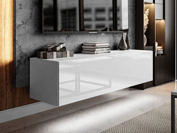 Wisząca szafka RTV pod telewizor z drzwiczkami i oświetleniem LED 150 cm Nodoo Biały połysk