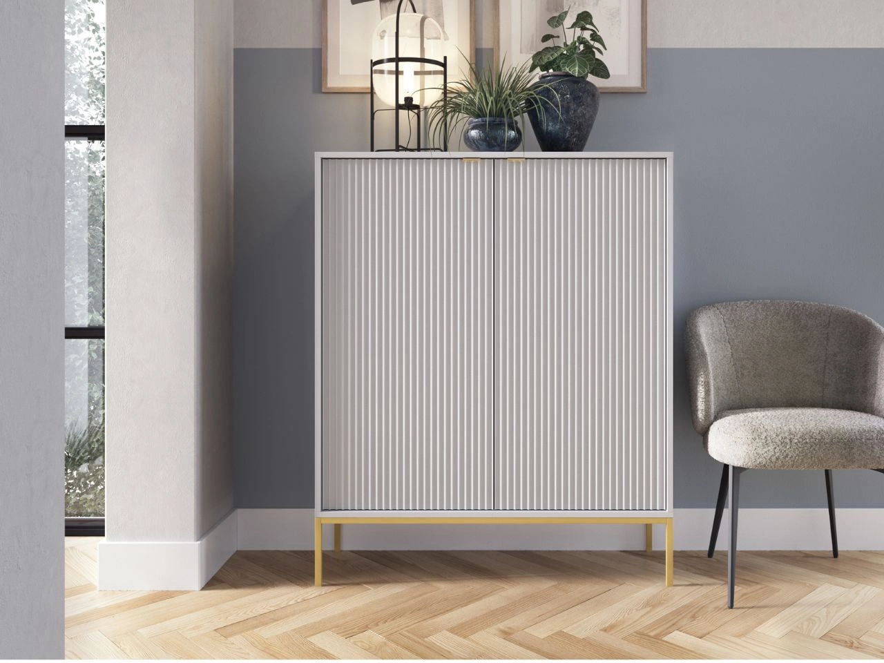 Komoda z drzwiami Amber Szara na złotych nogach