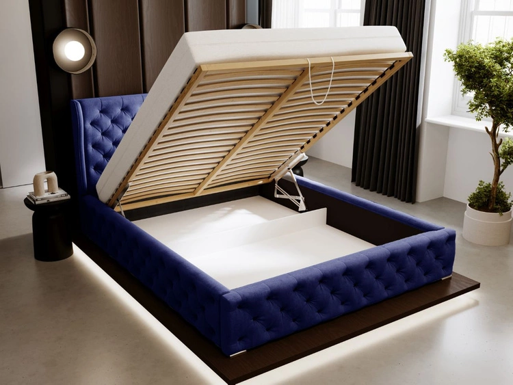 Łóżko tapicerowane z pojemnikiem na pościel i stelażem 140x200 Kingston Ciemnoniebieskie