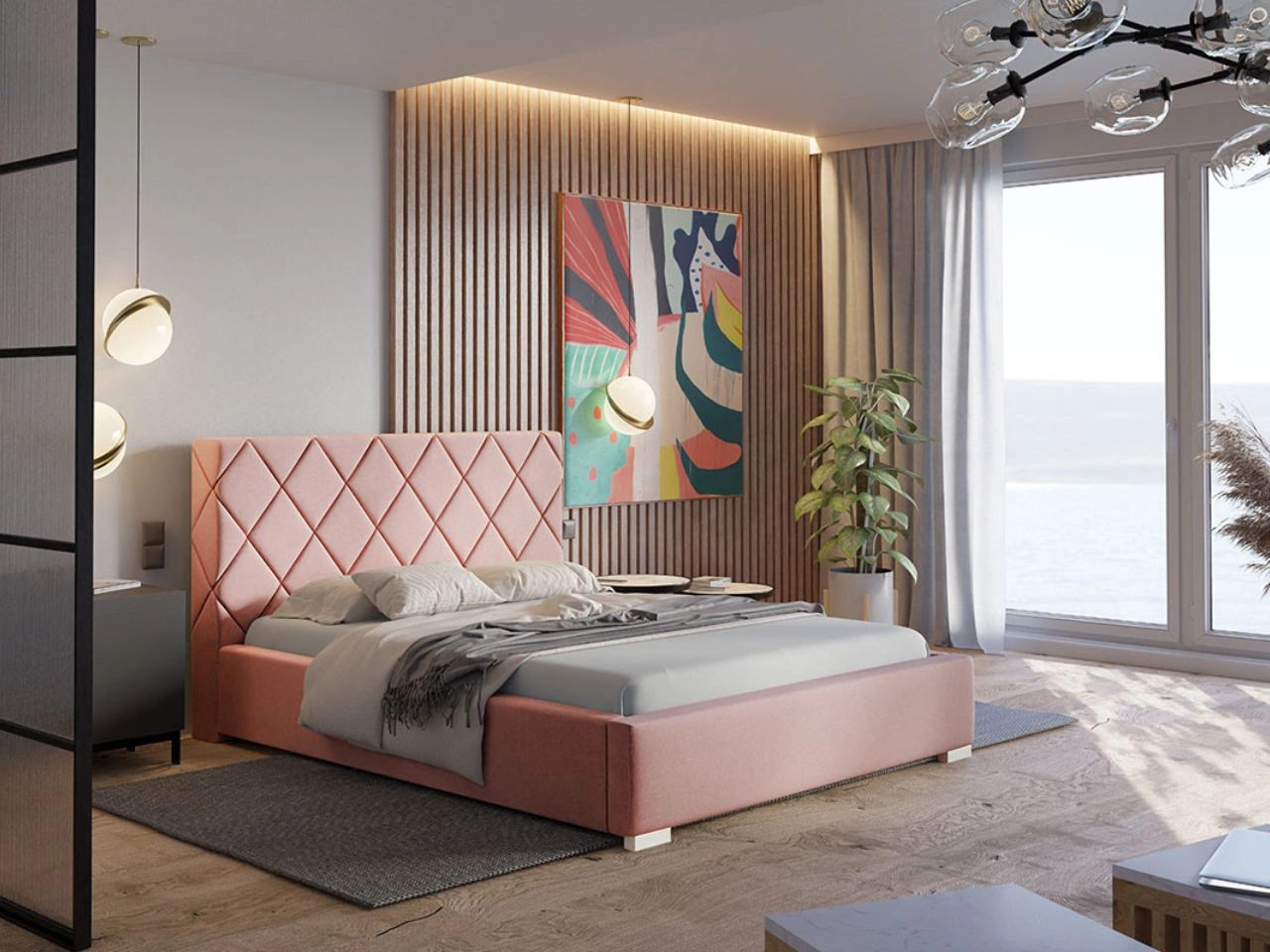 Łóżko tapicerowane z pojemnikiem i stelażem 140x200 Taranto Różowe