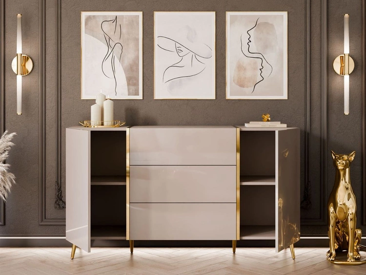 Dwudrzwiowa komoda 158 cm na złotych nóżkach z trzema szufladami Lunelie kaszmir połysk