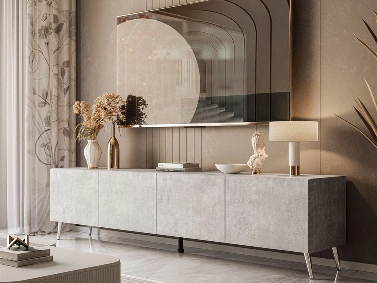 Szafka RTV pod telewizor z drzwiczkami na srebrnych nóżkach 200 cm Nodoo Beton