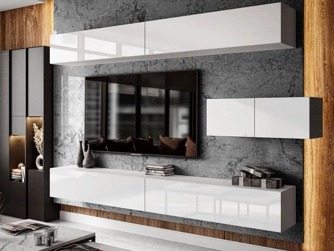 Wisząca meblościanka do salonu z oświetleniem LED Nodoo Biały połysk