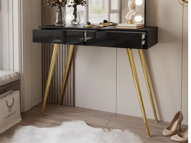 Toaletka kosmetyczna w stylu glamour z szufladami, lustrem i oświetleniem LED Olivine Elite czarny połysk