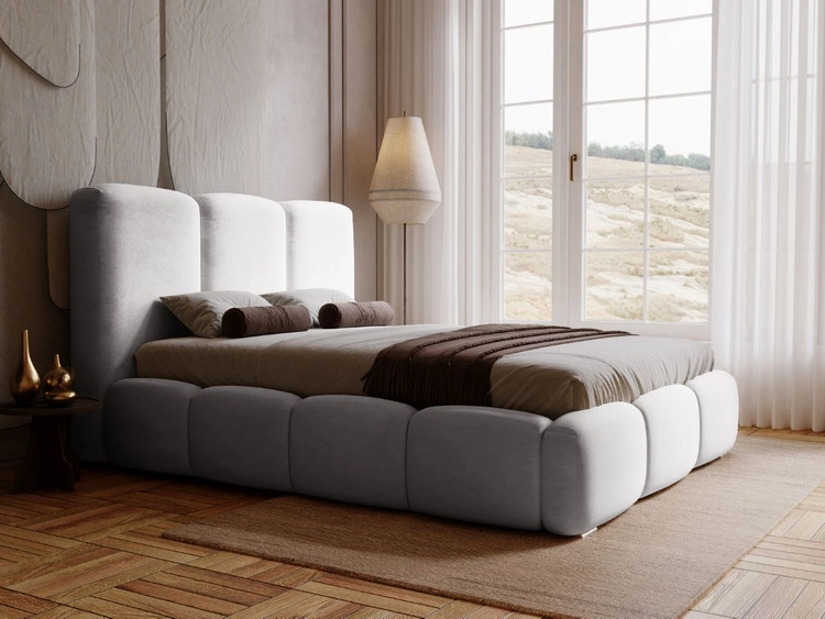 Łóżko tapicerowane z pojemnikiem i stelażem 120x200 cm Bubble Jasnoszare