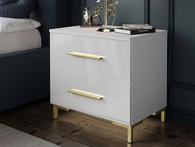 Stolik nocny z szufladami na złotych nogach Nuveo Biały połysk