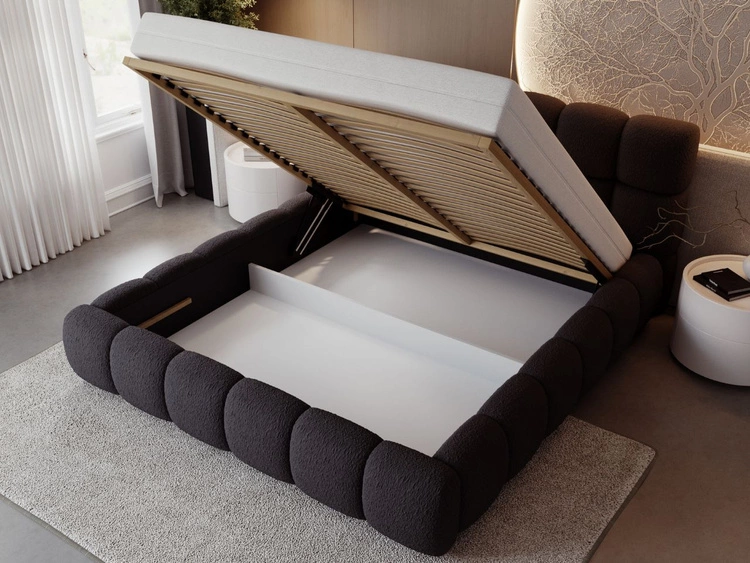 Łóżko tapicerowane z pojemnikiem na pościel i stelażem 140x200 Modo w tkaninie bouclé Czarne