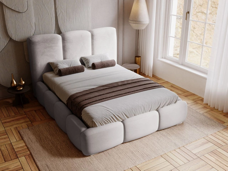 Łóżko tapicerowane z pojemnikiem i stelażem 200x200 cm Bubble Jasnoszare