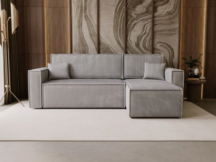 Nowoczesny rozkładany narożnik z funkcją spania i pojemnikiem Prato L uniwersalny Szary