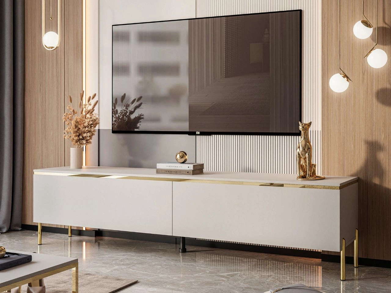 Szafka RTV 180 cm glamour na złotych metalowych nogach Evare Kaszmir