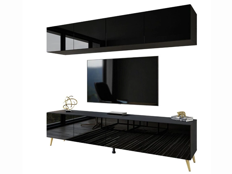 Meblościanka do salonu na złotych nogach Noaé Czarny połysk