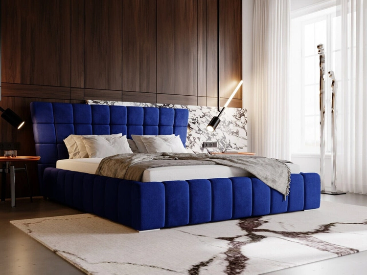 Łóżko tapicerowane z pojemnikiem i stelażem 140x200 cm Paris Niebieskie