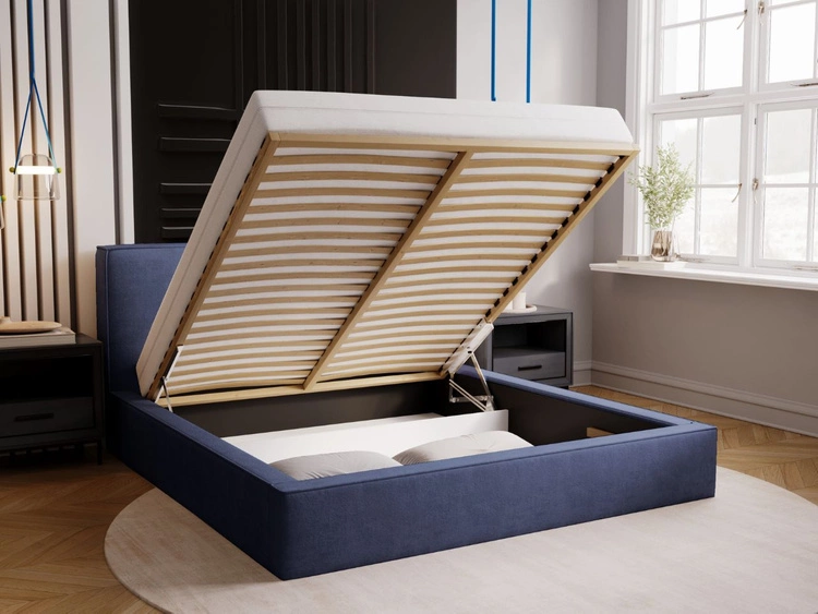 Łóżko tapicerowane z pojemnikiem i stelażem 200x200 Monaco Niebieskie
