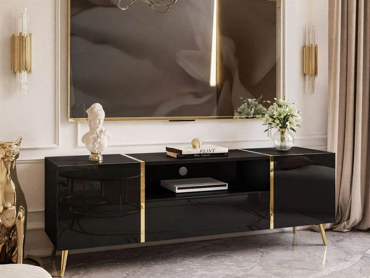 Szafka RTV w stylu glamour z szafkami i szufladą Lunelie czarny połysk