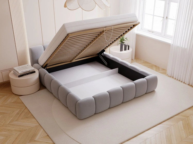 Łóżko tapicerowane z pojemnikiem i stelażem 200x200 Cloud Low szare