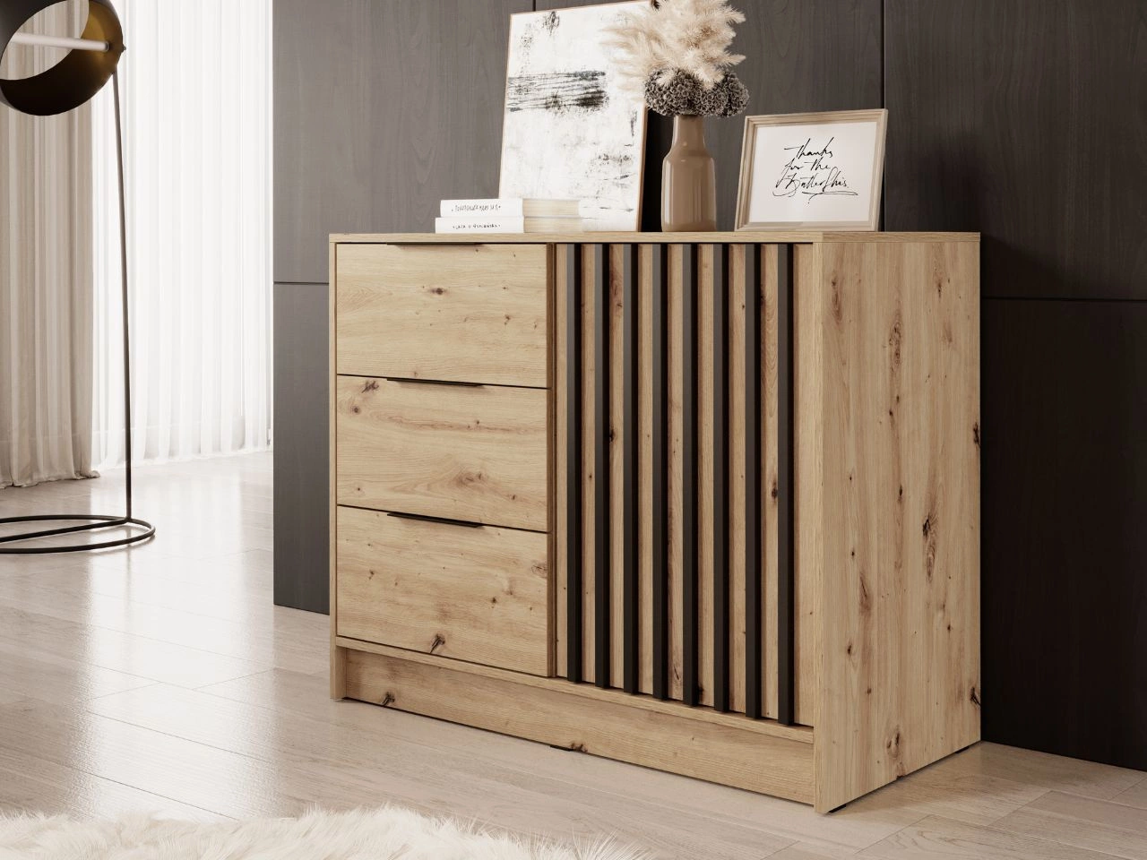 Komoda z drzwiami i szufladami 105 cm Macron Dąb Artisan z lamelami