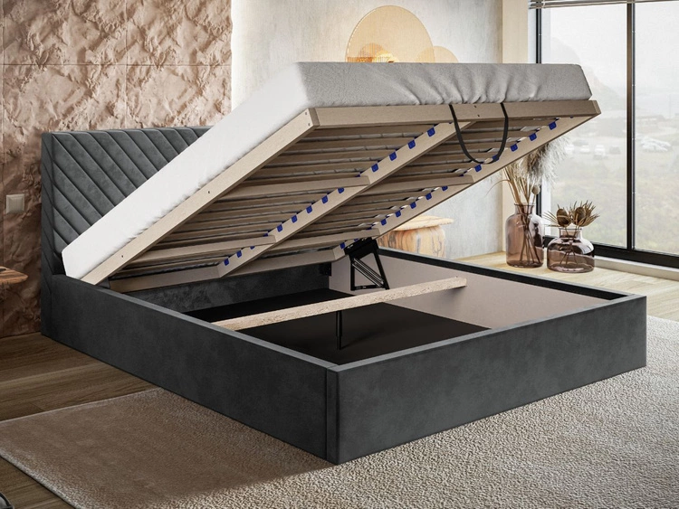 Łóżko tapicerowane z pojemnikiem i stelażem 140x200 Esma Ciemnoszare