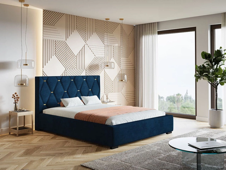 Łóżko tapicerowane z pojemnikiem i stelażem 180x200 Tasso Niebieskie