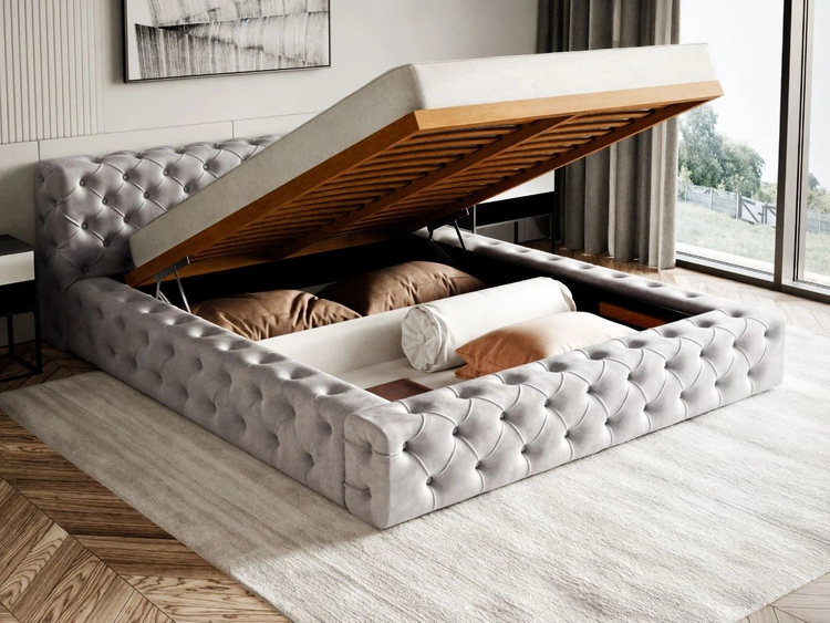 Łóżko tapicerowane z pojemnikiem i stelażem 140x200 cm Palini Jasnoszare