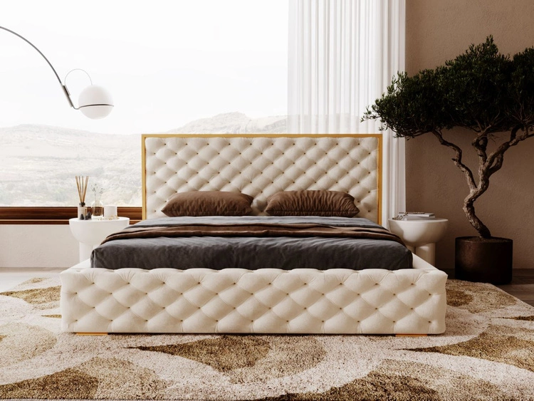 Łóżko tapicerowane z pojemnikiem i stelażem 140x200 Wave Beżowy