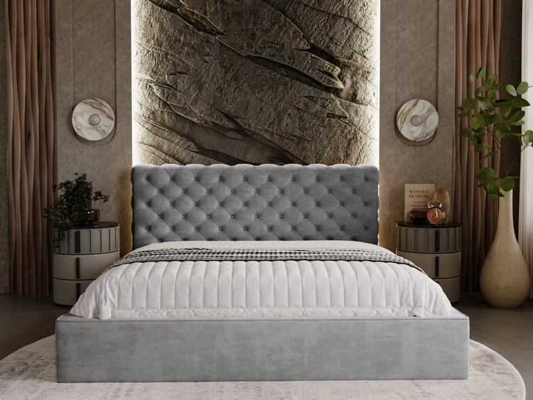 Łóżko tapicerowane z pojemnikiem i stelażem 200x200 Apollo Szare