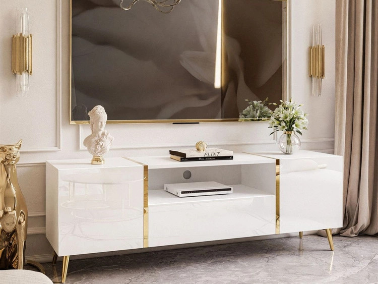 Szafka RTV w stylu glamour z szafkami i szufladą Lunelie biały połysk