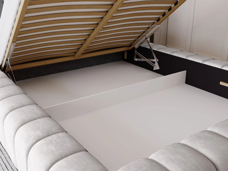 Łóżko tapicerowane z pojemnikiem na pościel i stelażem 180x200 Italia Jasnoszare