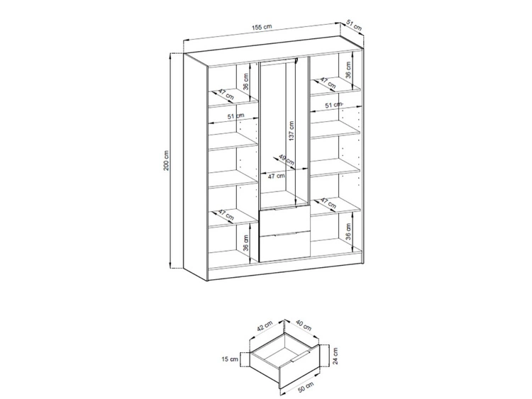 Szafa trzydrzwiowa z drzwiami uchylnymi 155 cm Macron Grafitowa z lustrem i lamelami