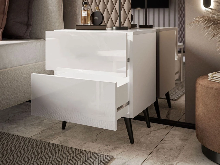 Stolik nocny z szufladami na czarnych nogach Noaé Lux Biały połysk