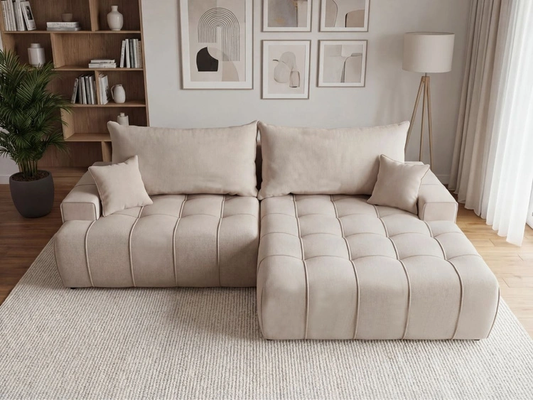 Narożnik L z funkcją spania i pojemnikiem Tulio prawy beżowy