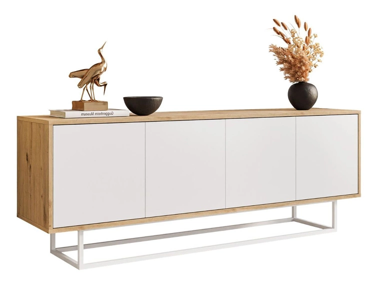 Szafka RTV pod telewizor z drzwiczkami i białym stelażem Vivance Biały i dąb artisan