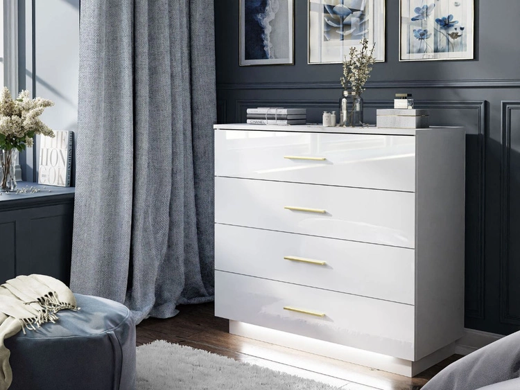 Komoda z czterema szufladami i oświetleniem LED Nuveo Biały połysk