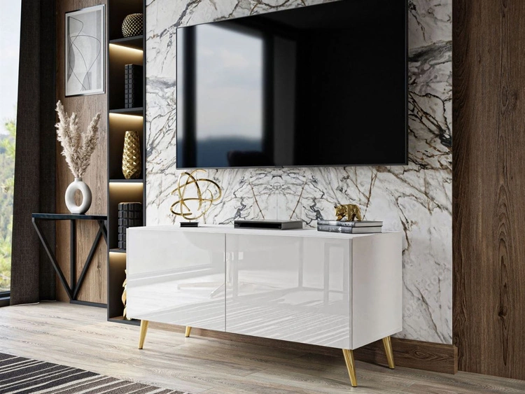 Szafka RTV pod telewizor z drzwiczkam i oświetleniem LED na złotych nóżkach 100 cm Noaé Biały połysk