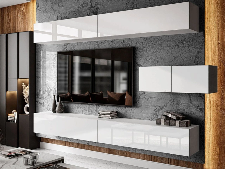 Wisząca meblościanka do salonu z oświetleniem LED Nodoo Biały połysk