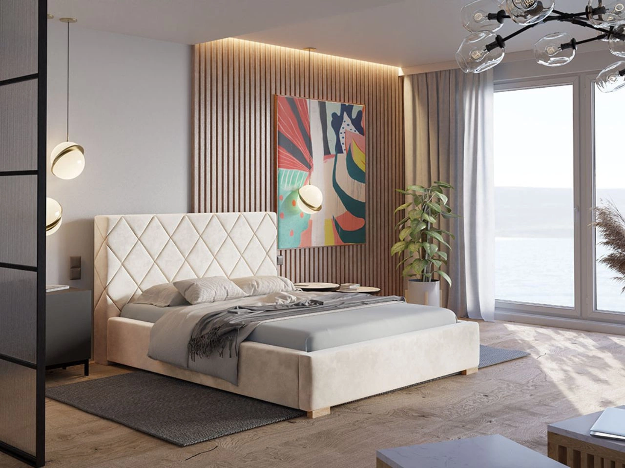 Łóżko tapicerowane z pojemnikiem i stelażem 140x200 Taranto Beżowe