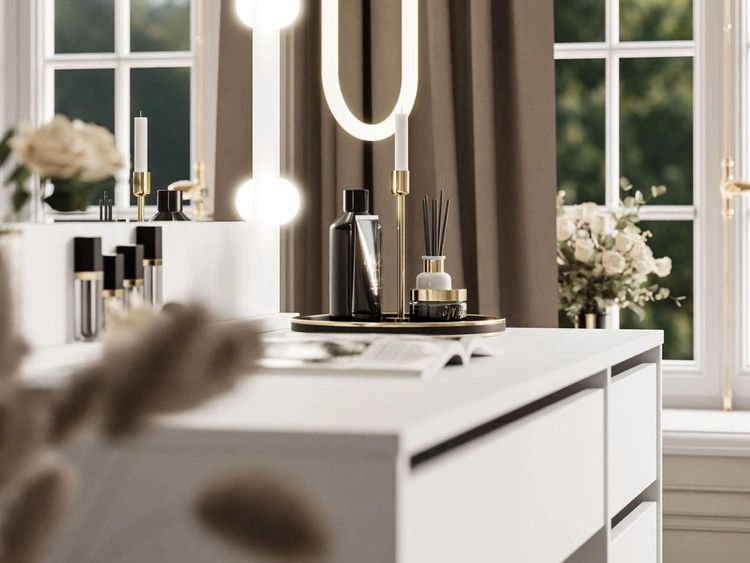 Toaletka glamour z lustrem, szufladami i oświetleniem LED Melo biały mat