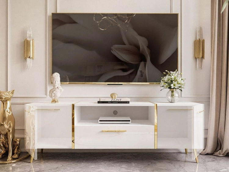 Zestaw mebli do salonu na złotych metalowych nóżkach i ze złotymi uchwytami Lunelie Biały połysk