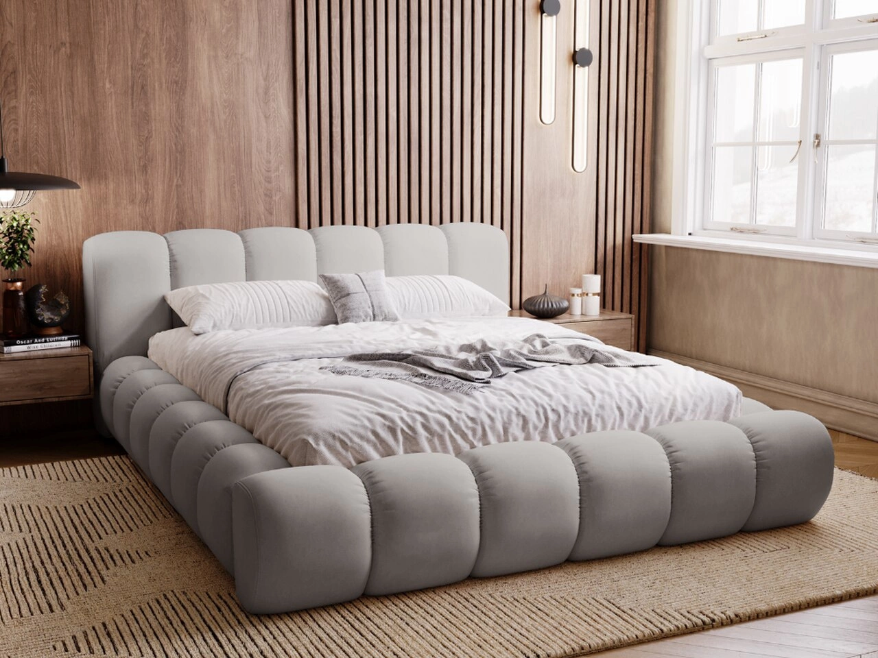 Łóżko tapicerowane z pojemnikiem na pościel 140x200 Doria Jasnoszare