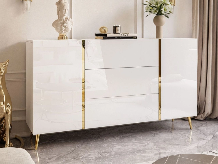 Dwudrzwiowa komoda 158 cm na złotych nóżkach z trzema szufladami Lunelie biały połysk