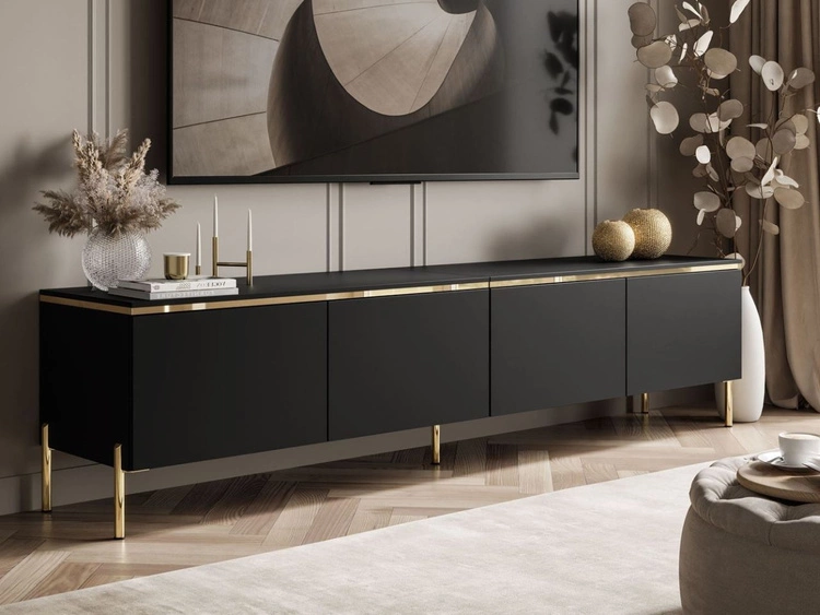 Szafka RTV w stylu glamour z oświetleniem LED Celle czarny mat