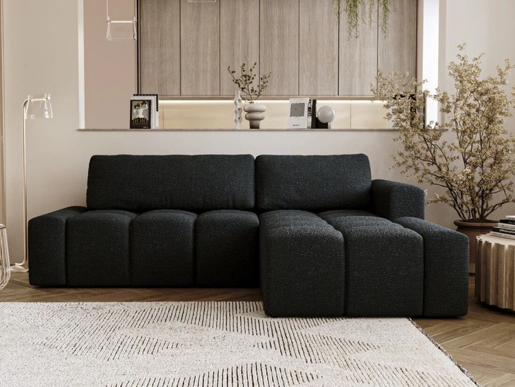 Narożnik L prawy z funkcją spania i pojemnikiem Lana Czarny