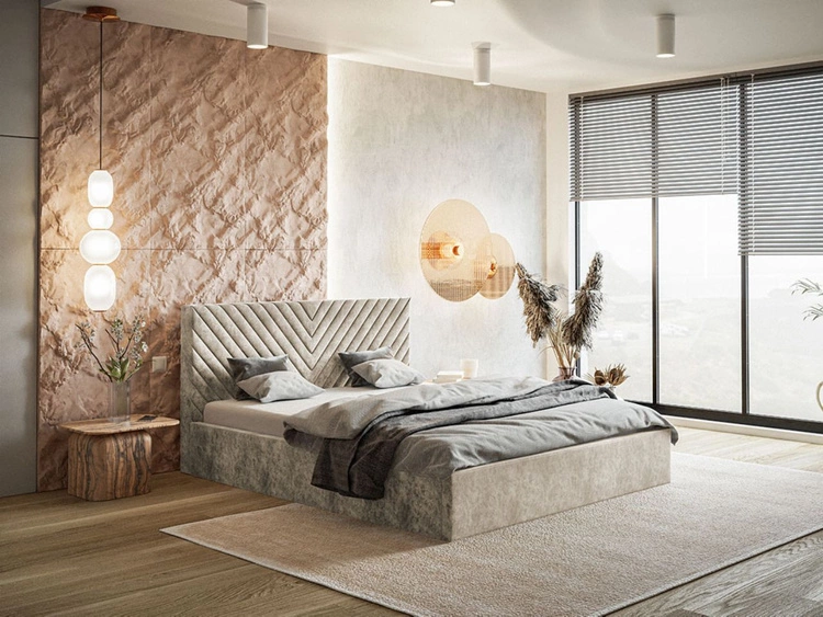 Łóżko tapicerowane z pojemnikiem i stelażem 140x200 Esma Beżowe