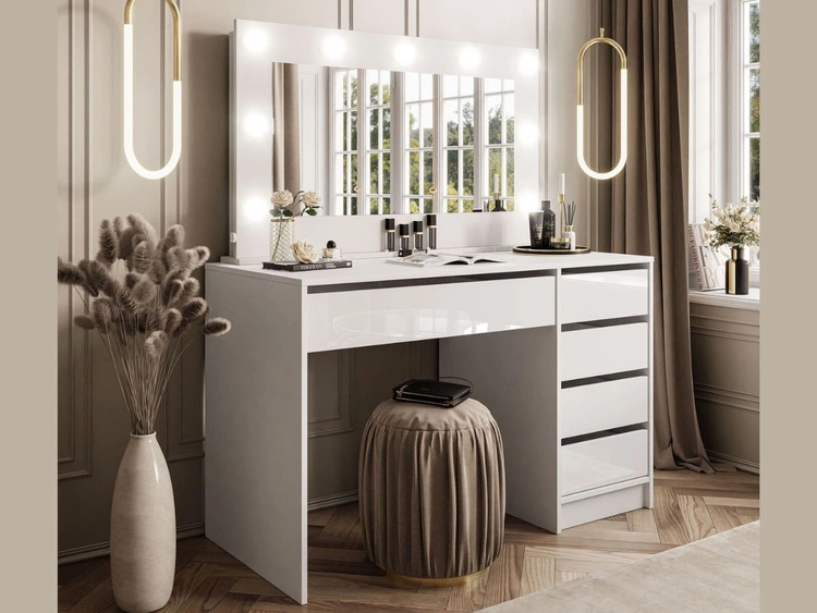 Toaletka glamour z lustrem, szufladami i oświetleniem LED Melo biały połysk