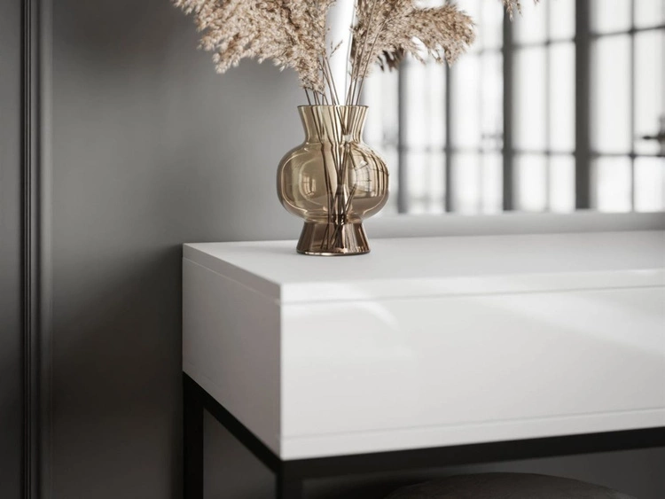 Toaletka kosmetyczna lewostronna z szufladami i oświetleniem LED na czarnych nogach Clarette Biały połysk