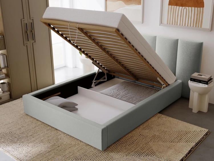 Łóżko tapicerowane z pojemnikiem i stelażem 140x200 cm Lizbona Jasnoszare