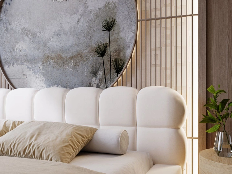 Łóżko tapicerowane z pojemnikiem i stelażem 140x200 Plaza Kremowe